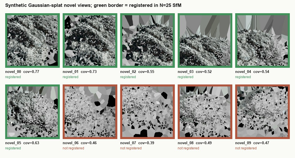 All 10 Gaussian-splat novel views, green=registered